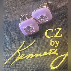 CZ by Kenneth Jay Lane 1-Carat Pink CZ Center w/ Enamel Post Earrings NWT